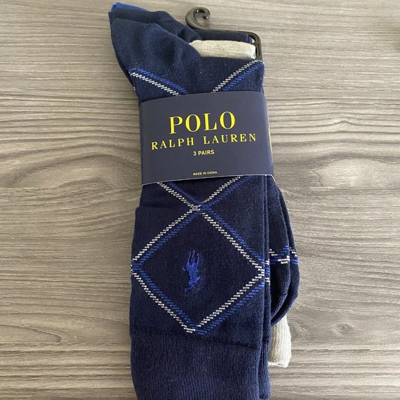 Polo Ralph Lauren Casual Dress Socks 3-Pair Navy Blue Grey Solid Diamond Pack - Picture 8 of 10